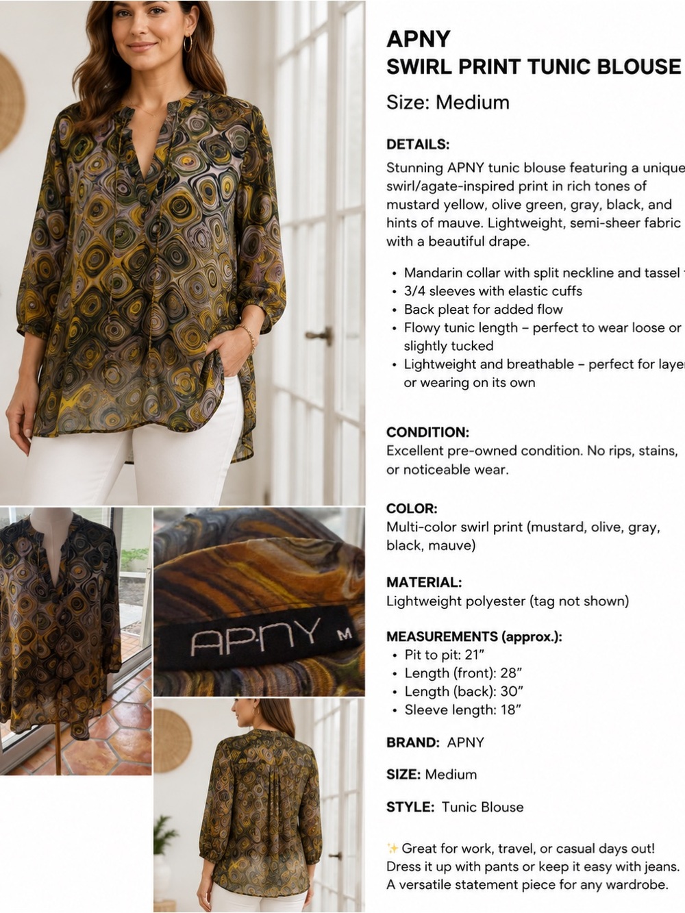 Mustard Olive Swirl Print Tunic Blouse